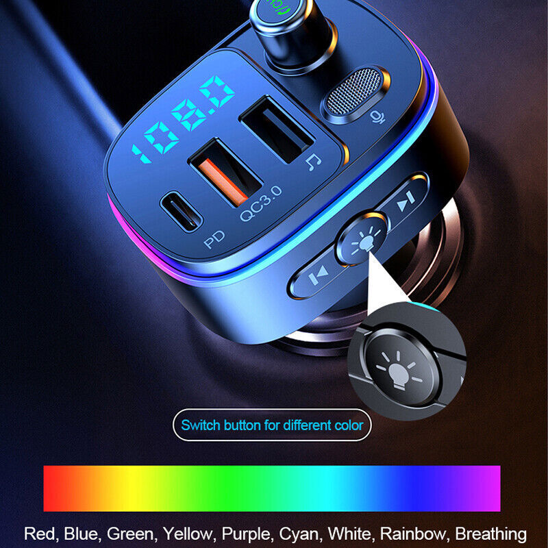 Bluetooth 5.0 Car Wireless FM Transmitter Adapter 2USB PD Charger AUX Hands-Free