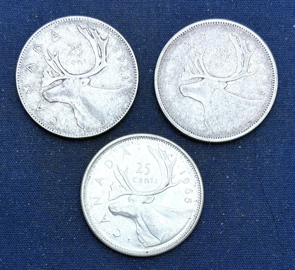 1951, 1954 and 1965  Canada Silver Quarters