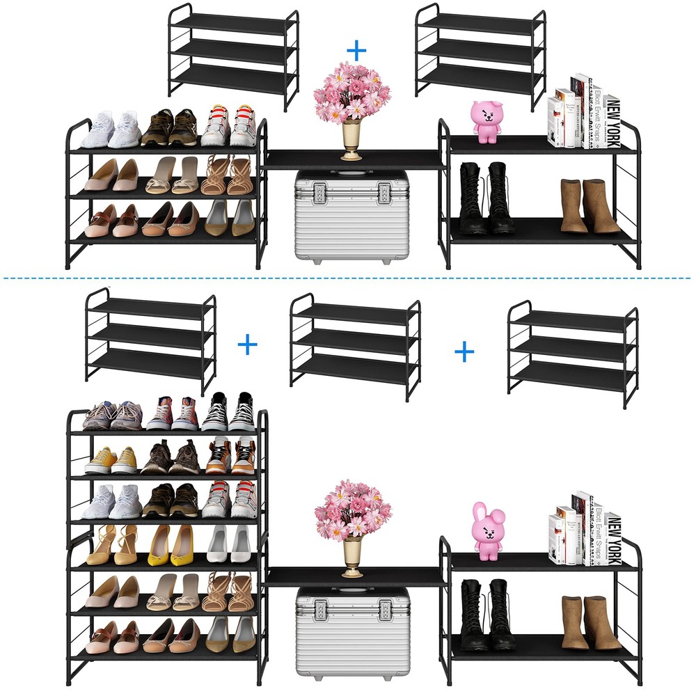 3 Tier Stackable Shoe Rack, Expandable Adjustable Fabric Shoe Shelf Storage O...