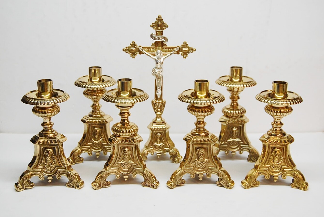 SET OF 6 SHORT 6" BRASS JMJ ALTAR CANDLE STICKS & ALTAR CROSS - 175sh