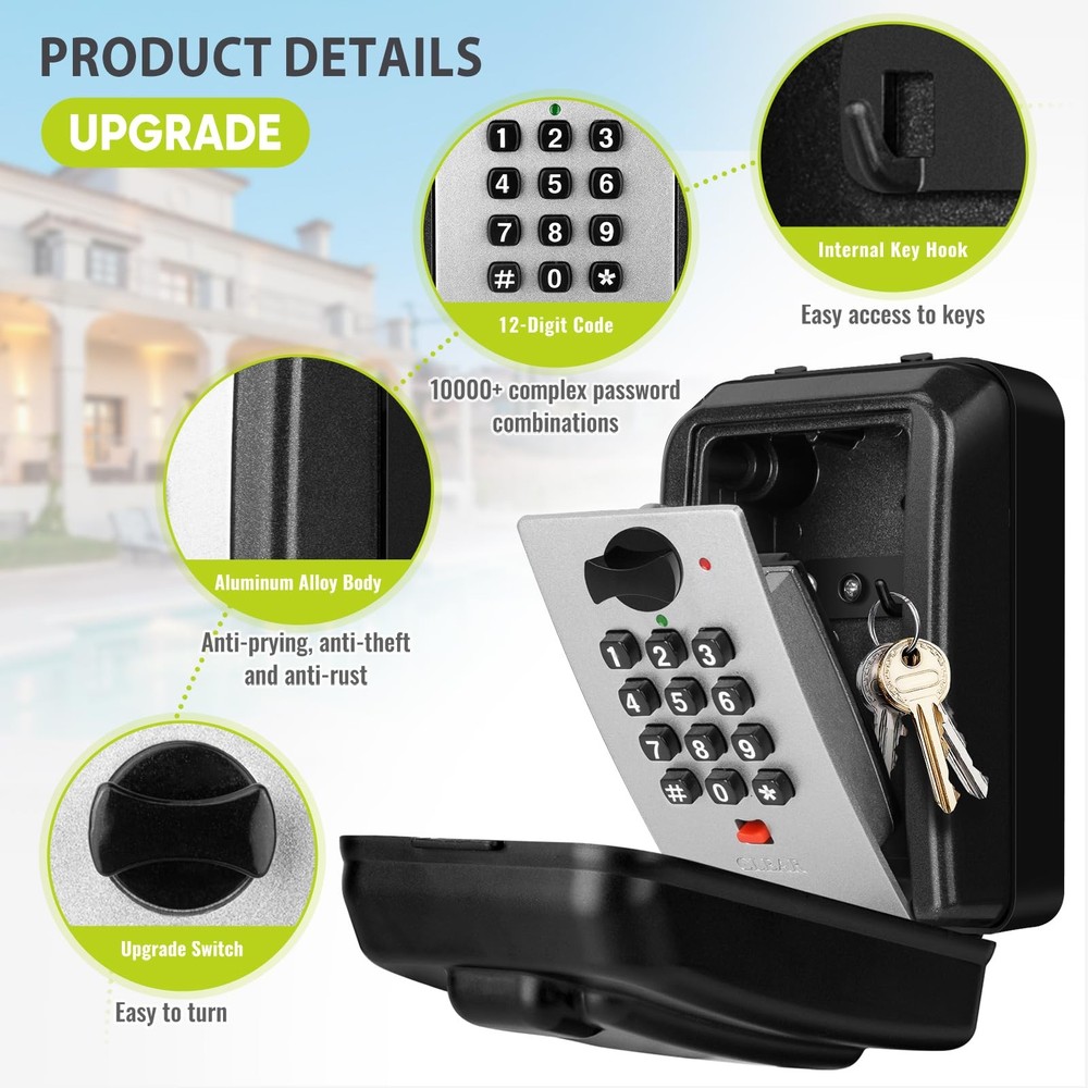 Key Lock Box for Outside, Waterproof Lock box, 12-Digit Combination Lock Box ...