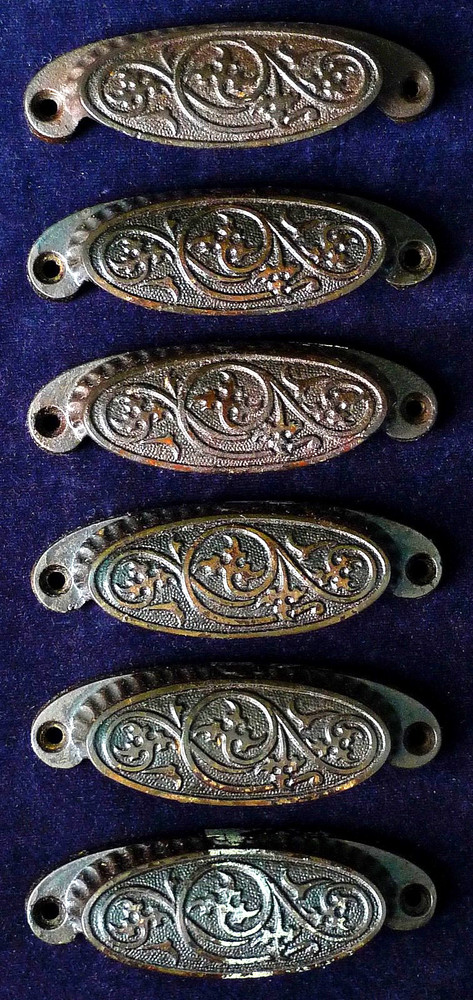 Cast Iron Decorated Draw Pull Handle Dated 1873 Set of 6