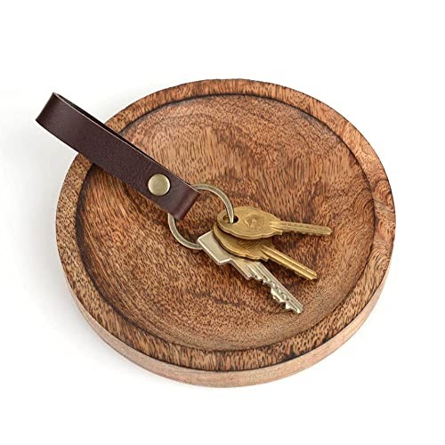 PU Leather Keychain Solid Metal Bronze Handcraft Key Ring Coffee Colour