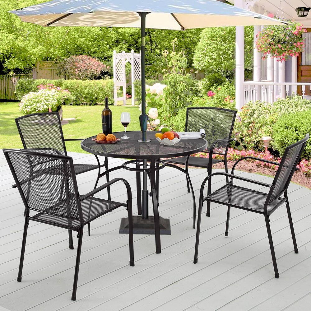 Patio Dining Table Rectangular Outdoor Table w/Umbrella Hole Round Outside Table