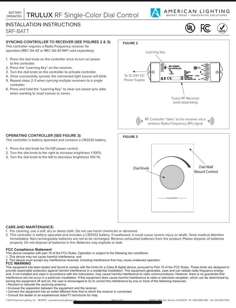 American Lighting Wall Control SRF-BATT
