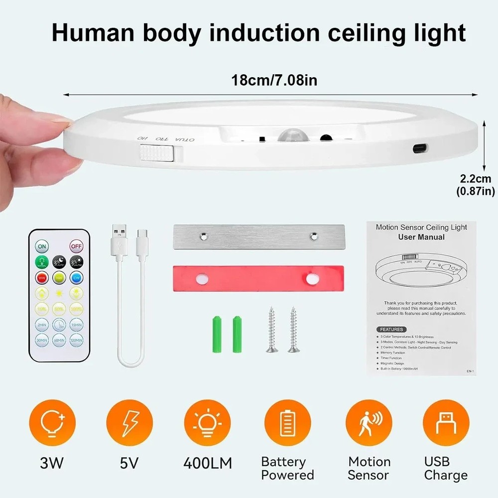Rechargeable Motion Sensor Ceiling Light with Remote,Battery Powered Wireless