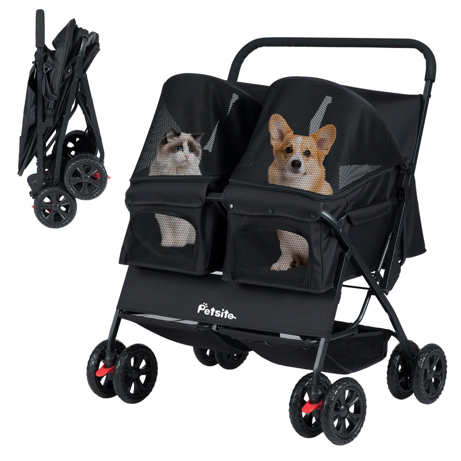 Double Pet Stroller w/ 2-seater Carrier, Adjustable Sunshade, Removable Pad