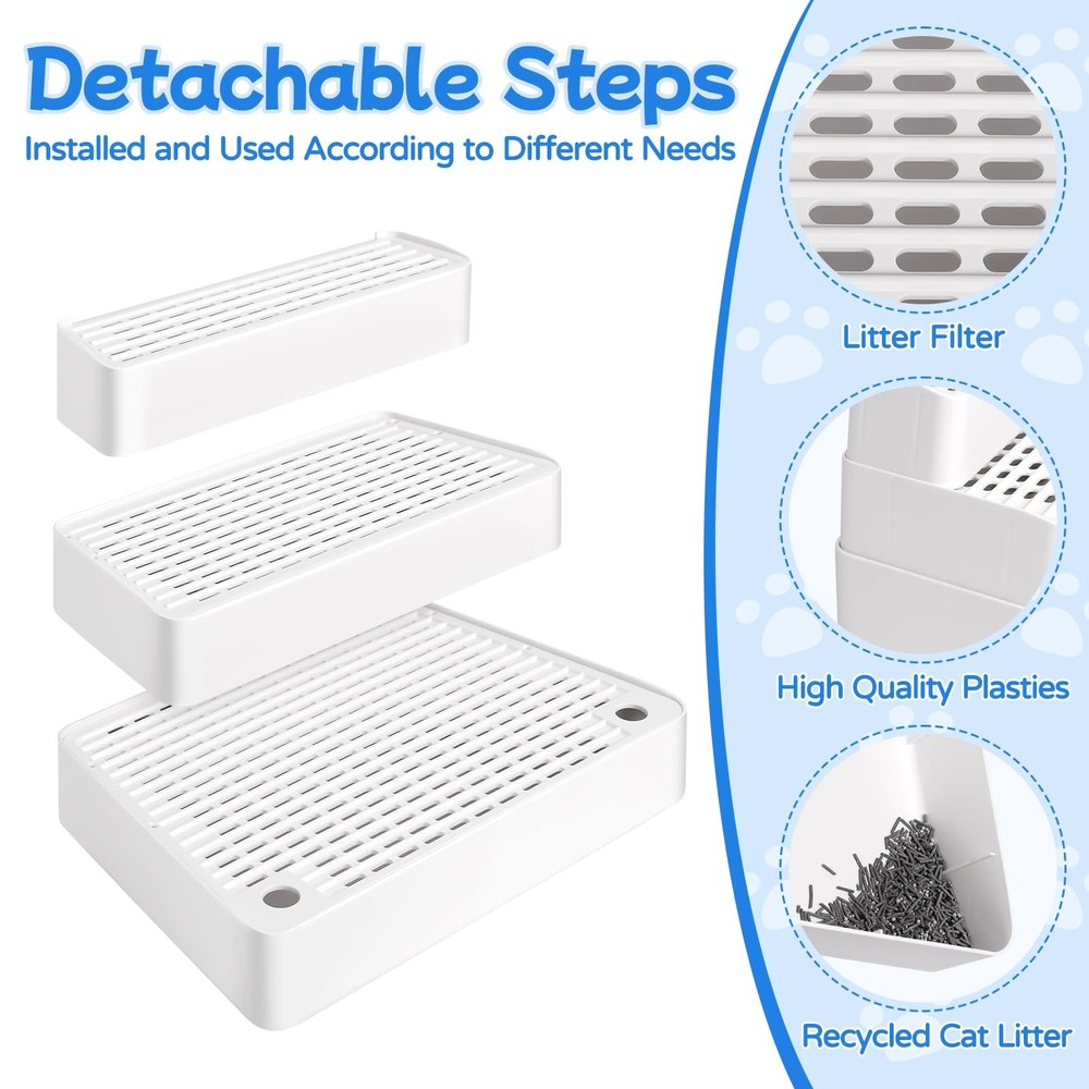 Bartuke Extra Large 3 Steps Cat Litter Box Ramp Adjustable with Filter and Easy