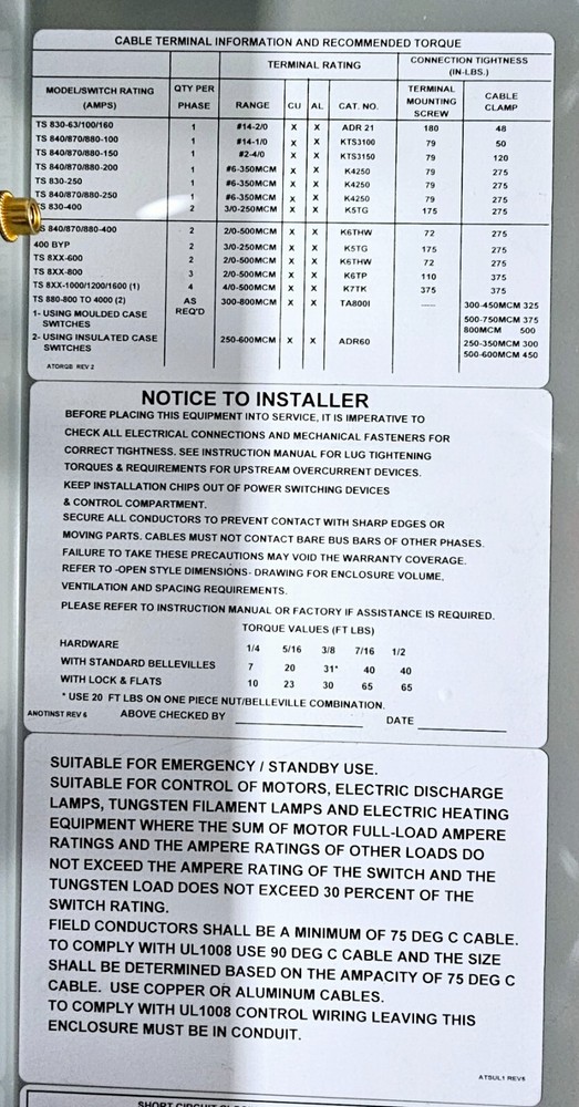 NEW - Thomson Power 400A Manual Transfer Switch TS 873A0400A2CE7DKKBA