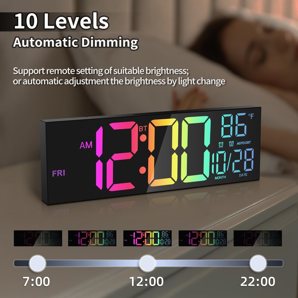 16.5" Large LED Wall Clock with Bluetooth Sync, Night Light, DST, 2 Alarms, R...