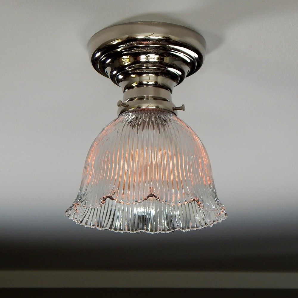 Restored Antique Semi-Flush Mount Solid Brass Ceiling Light Fixture with Glass H