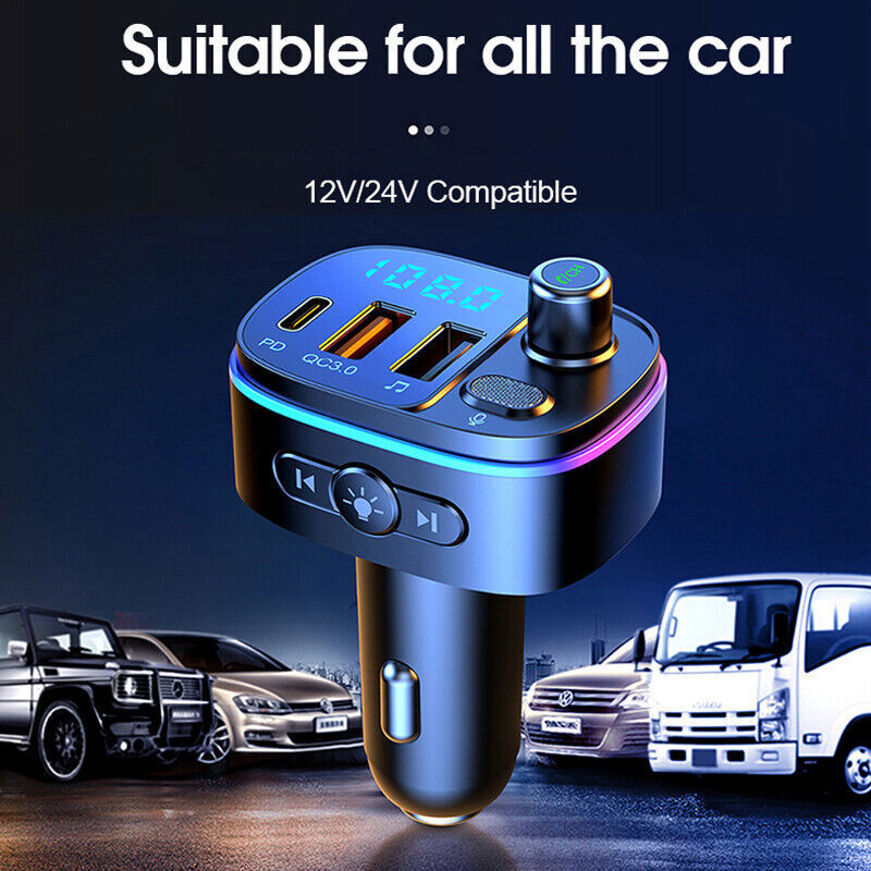 Bluetooth 5.0 Car Wireless FM Transmitter Adapter 2USB PD Charger AUX Hands-Free