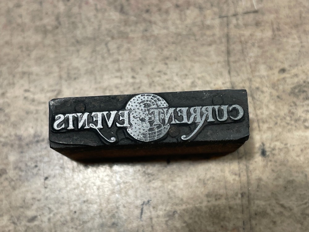 Printing Letterpress Printers Block 'Current Events' Header With Globe (2101)