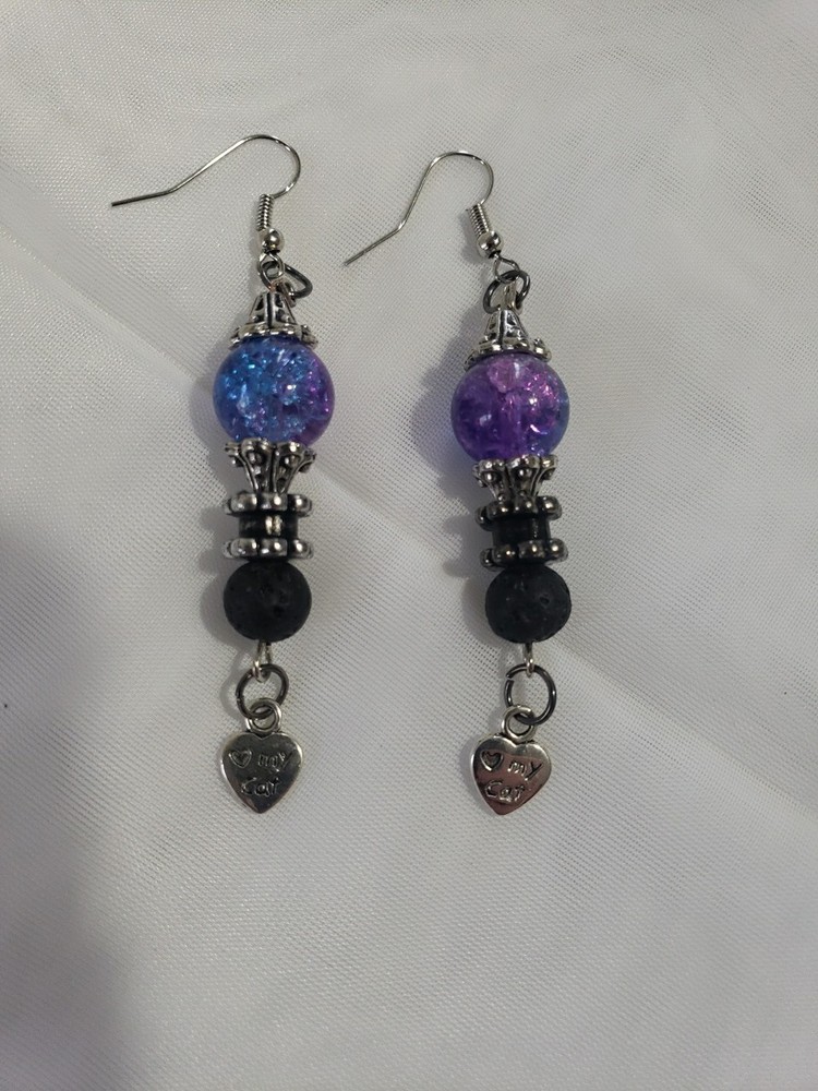 Long Dangly ❤ My Cat/Lava Stone Diffusing Earrings Handmade