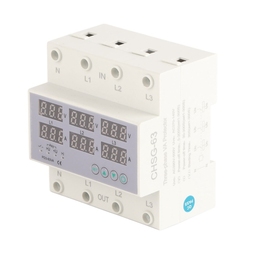63A 3Phase DIN Rail Voltmeter Ammeter Auto-Overvoltage Overcurrent Protector AC