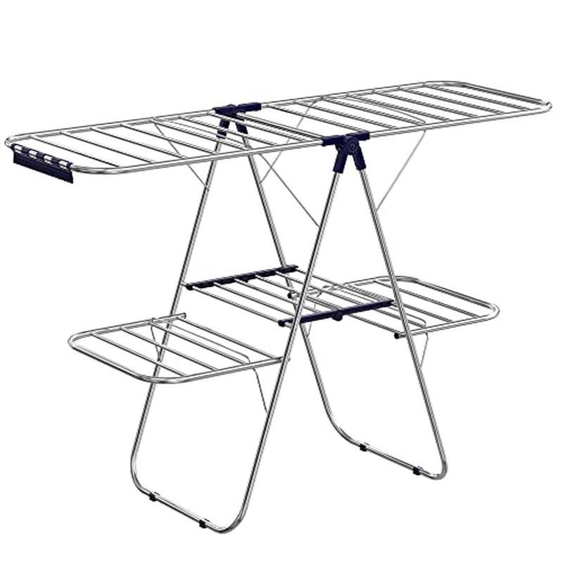 Adjustable 2-Level Clothes Drying Rack W/ 33 Rails & Sock Clips Silver/Blue New