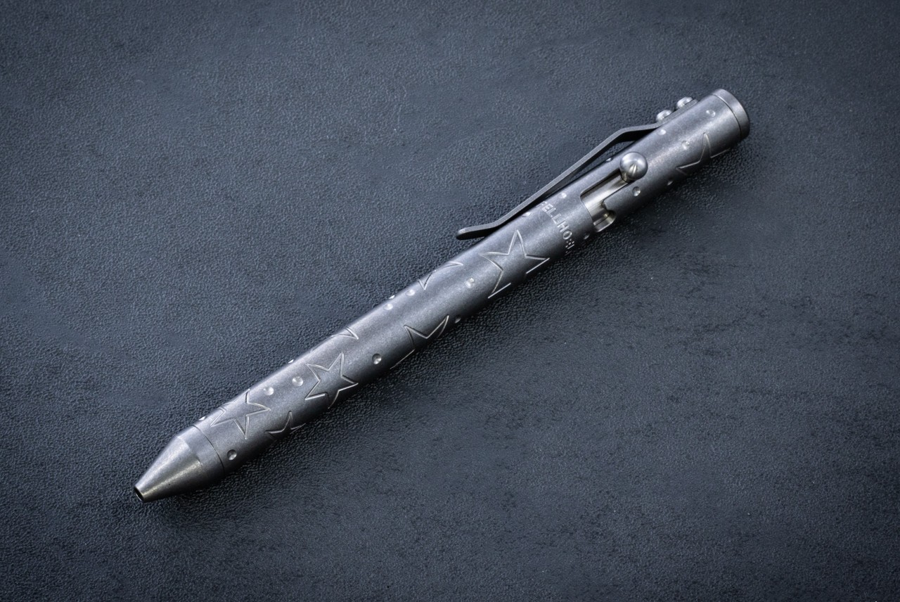Fellhoelter Knives TiBolt Full Size Stonewashed Titanium Pen w/ Stars Engravings