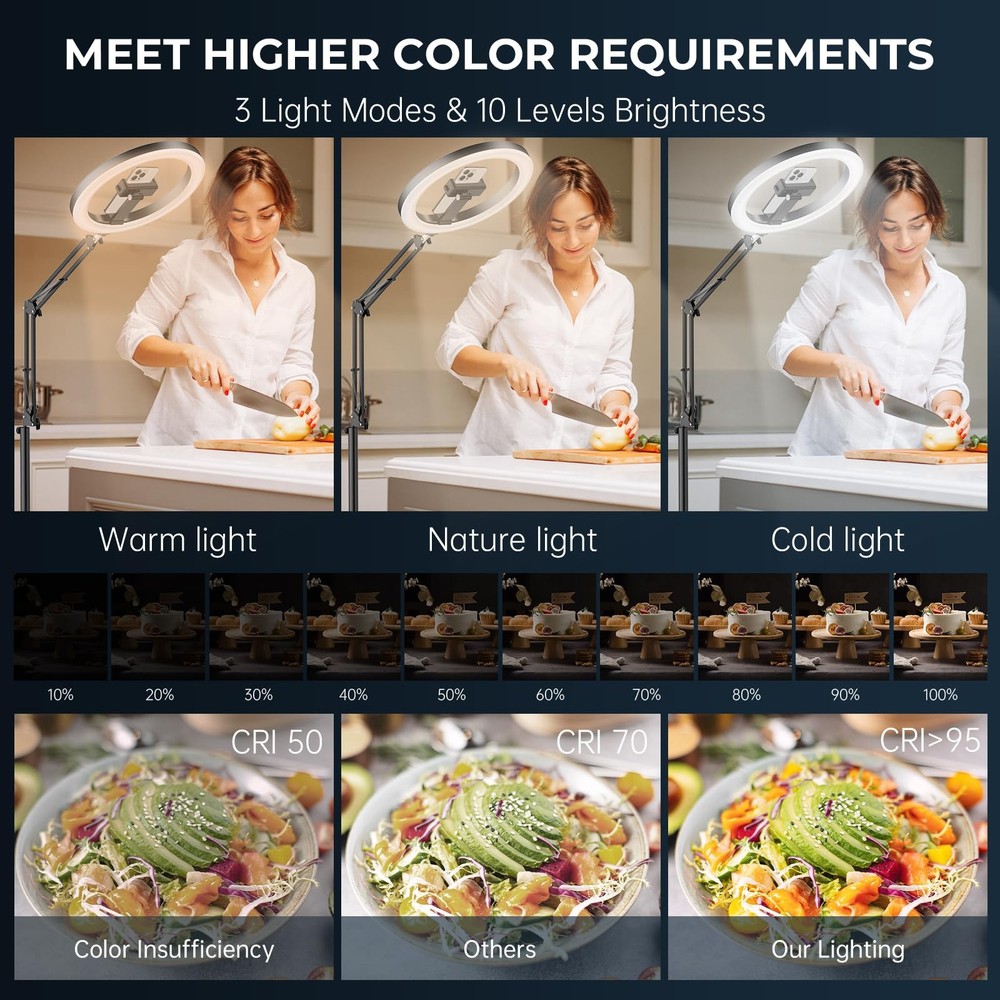 12" Ring Light with Stand Tripod for iPhone, Overhead Phone Camera Mount, Adj...