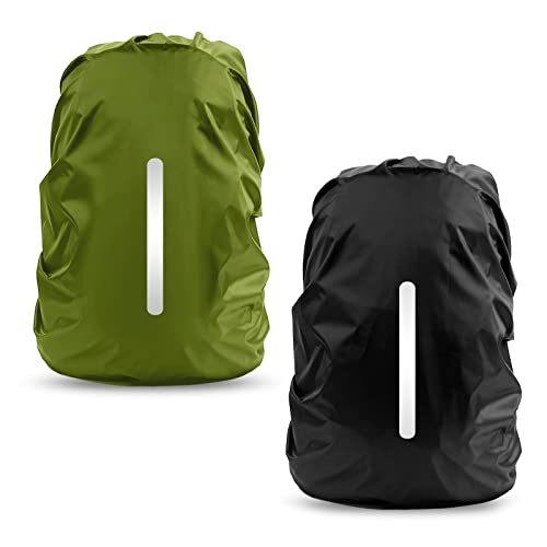 2 Pack Waterproof Rain Cover for Backpack, Reflective Small Black + Army Green