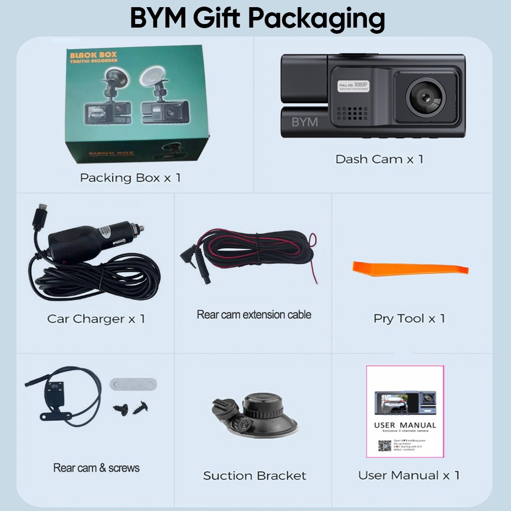 Dashboad Camera Car Camera 3 Channel 1080P Camera Night Vision IPS Screen