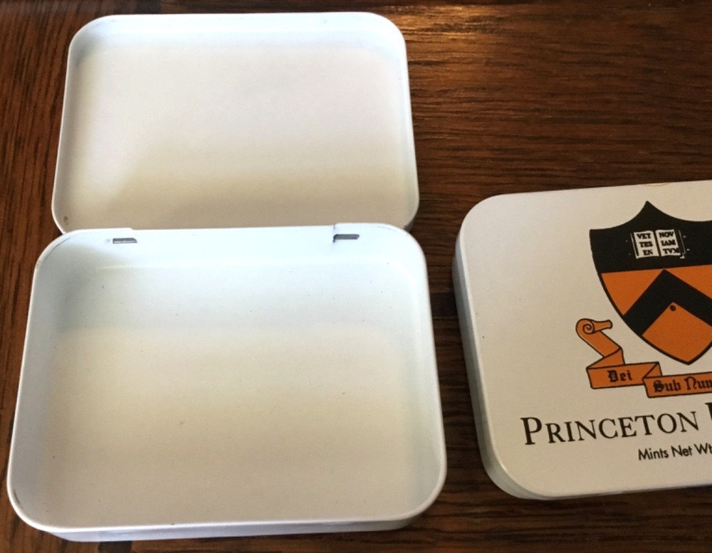 White Empty "Princeton University" Mint Hinged Tin w/Orange Shield Top EMPTY