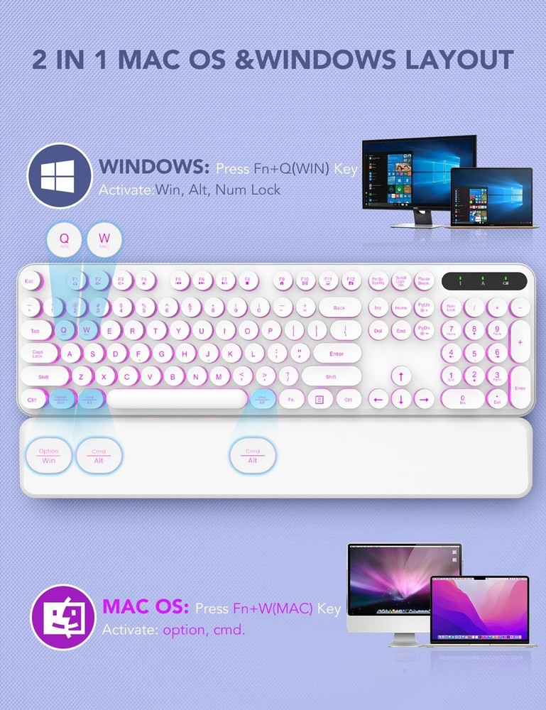 Wireless Keyboard and Mouse Backlit Typewriter Keyboard with Retro Round Key...