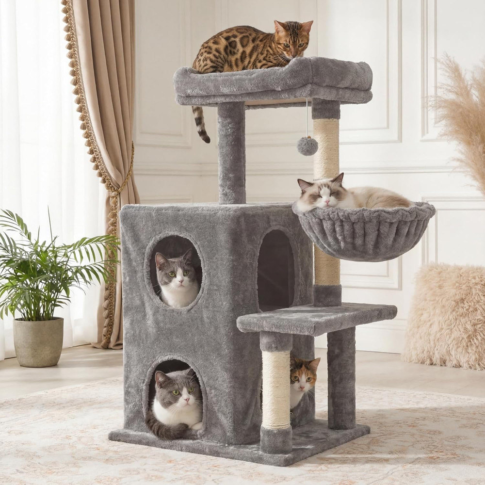 Modern Cat Tree with Scratching Posts, Cat Bed, Hammocks & Condos – Multi-Level