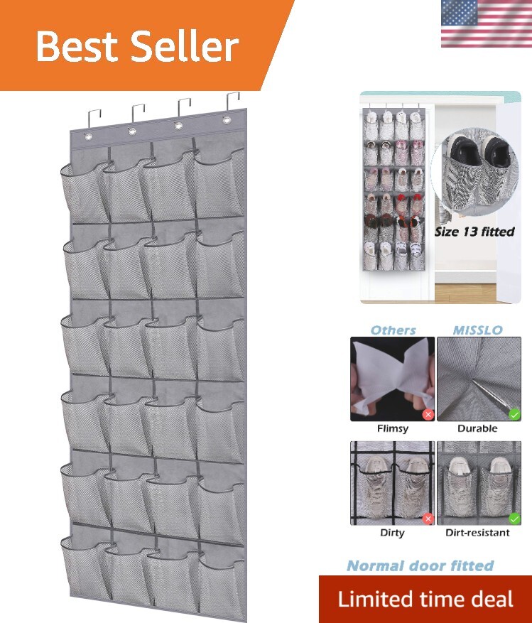 Compact Gray Shoe Rack Holder with 24 Large Mesh Pockets - Space-Saving Design