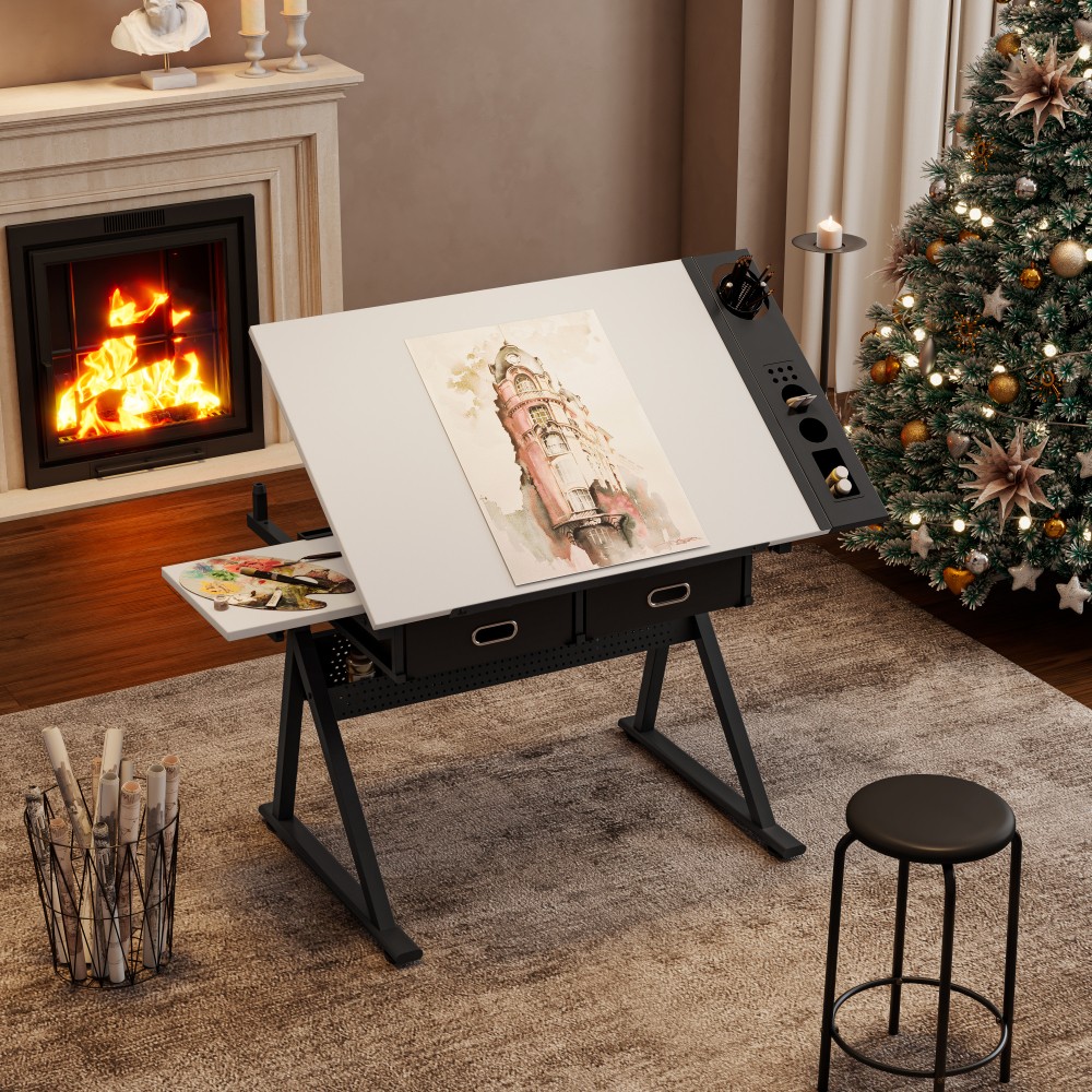 Art Drawing Desk Set - Adjustable Table & Stool - 2 Drawers，Tilting Top
