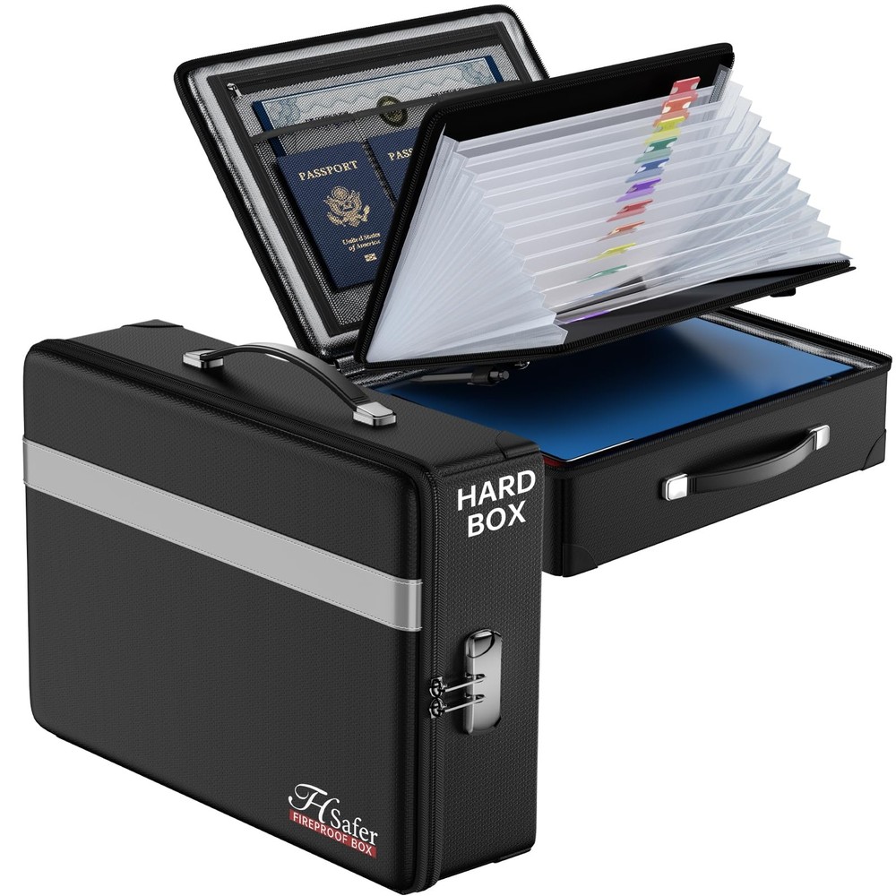Fireproof Document Box with lock, File Organizer with Fireproof Zipper, Hard ...