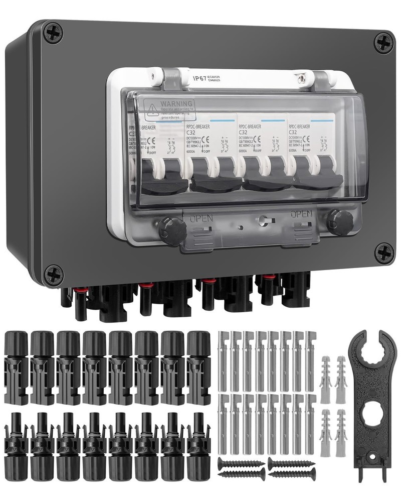 "32A Solar Panel Disconnect Switch & Waterproof Combiner Box, 4 String 4 Out, MC