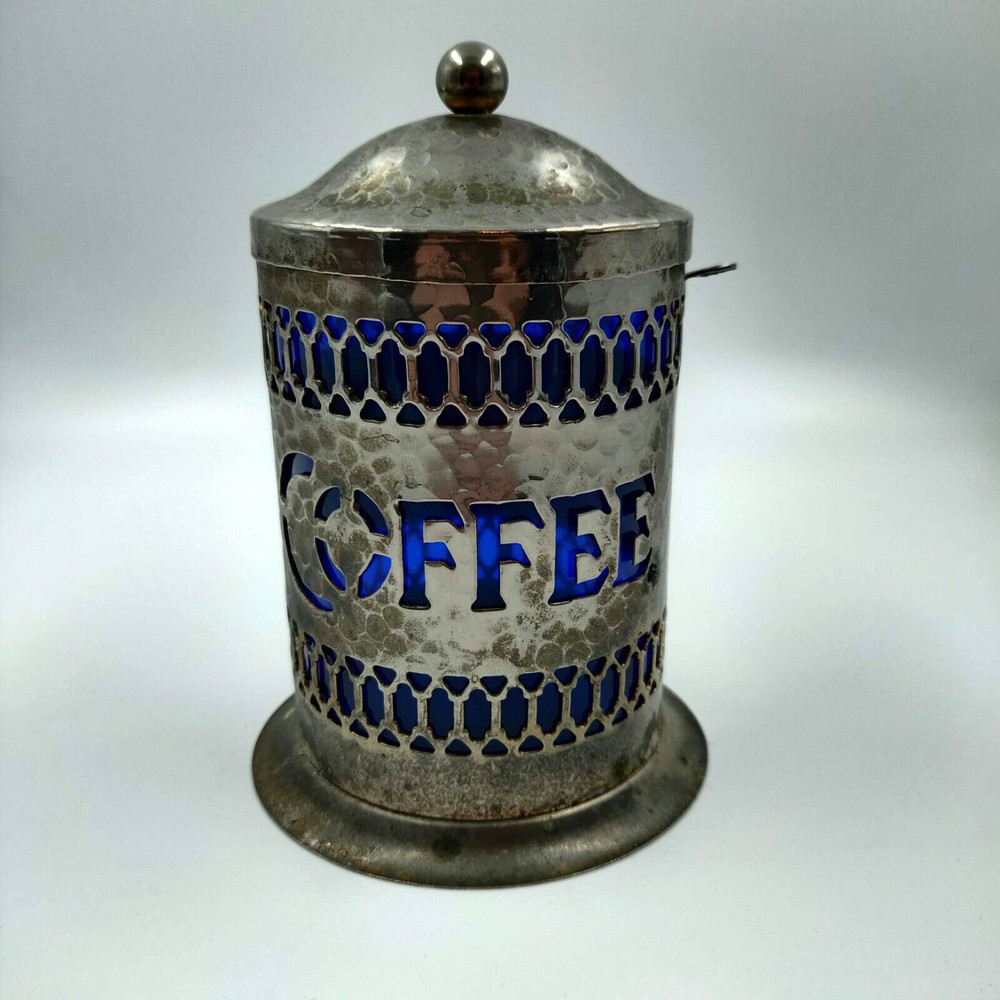 Vintage English Hammer Plated Coffee Canister with Blue Plastic Insert Kitchen
