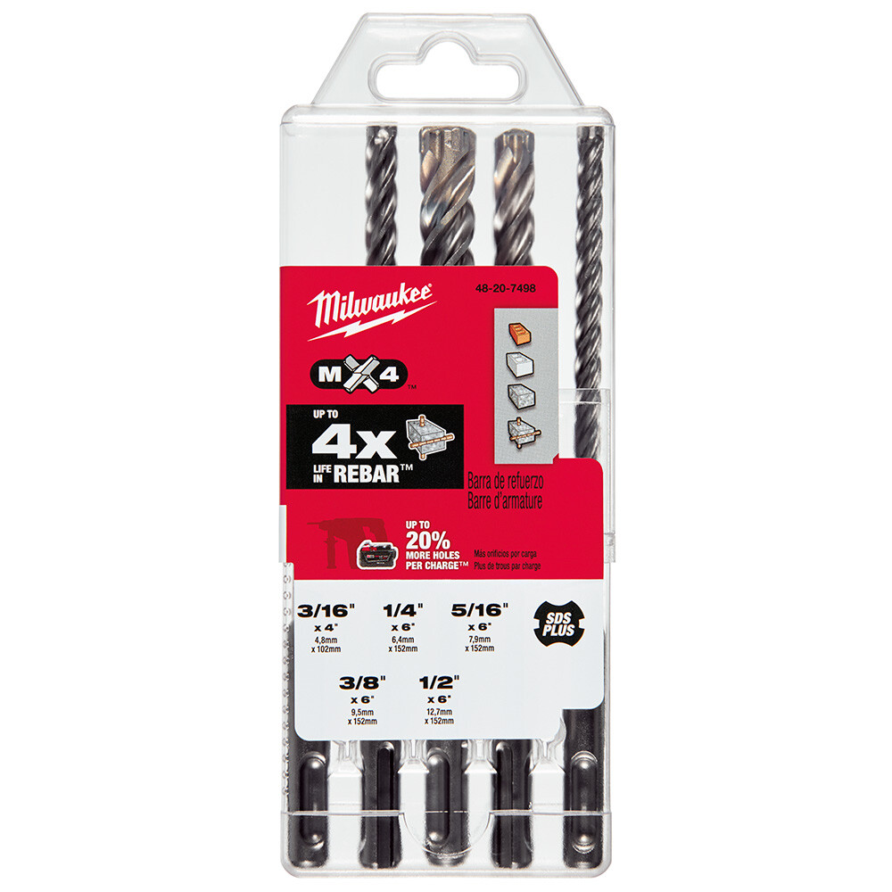 Milwaukee 48-20-7498 5-Piece MX4 4-Cutter SDS-Plus Rotary Hammer-Drill Bits Kit