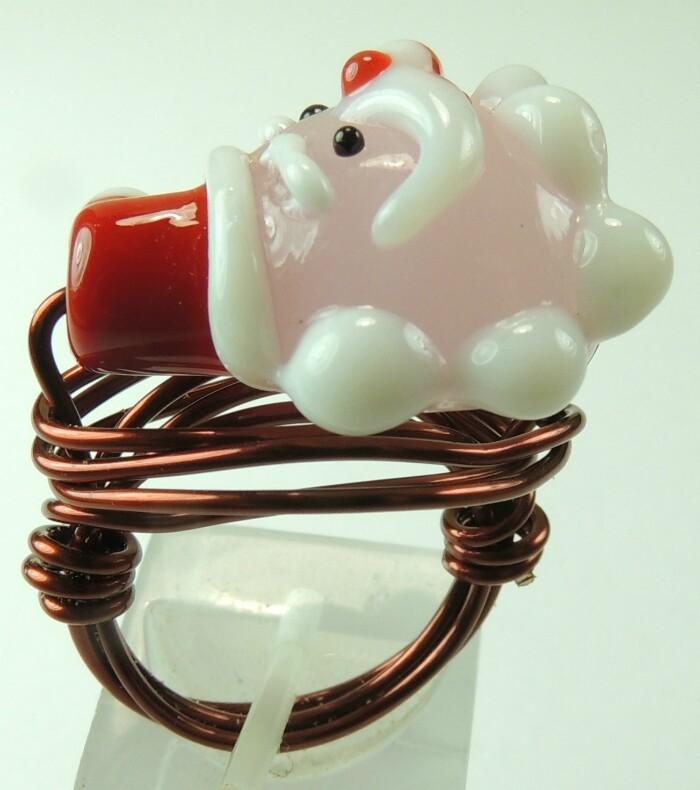 Wire Wrapped Lampwork Santa Bead Ring Handcrafted