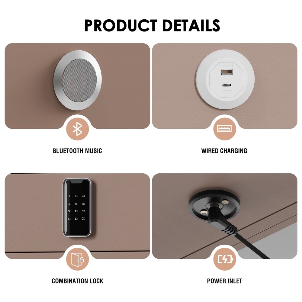 20" Tall Smart nightstand with combination lock &Bluetooth player(Light coffee)