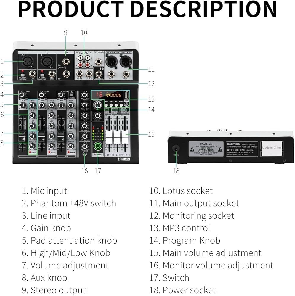 XTUGA KP4 4 Channel Audio Mixer, 16-Bit DSP Effect USB Audio Interface Effects