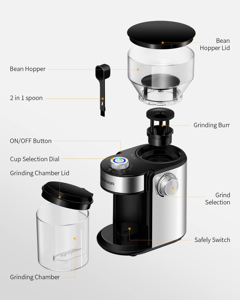 Coffee Grinder, Adjustable Burr Mill with 16 Precise Grind Setting for 2-14 Cup,