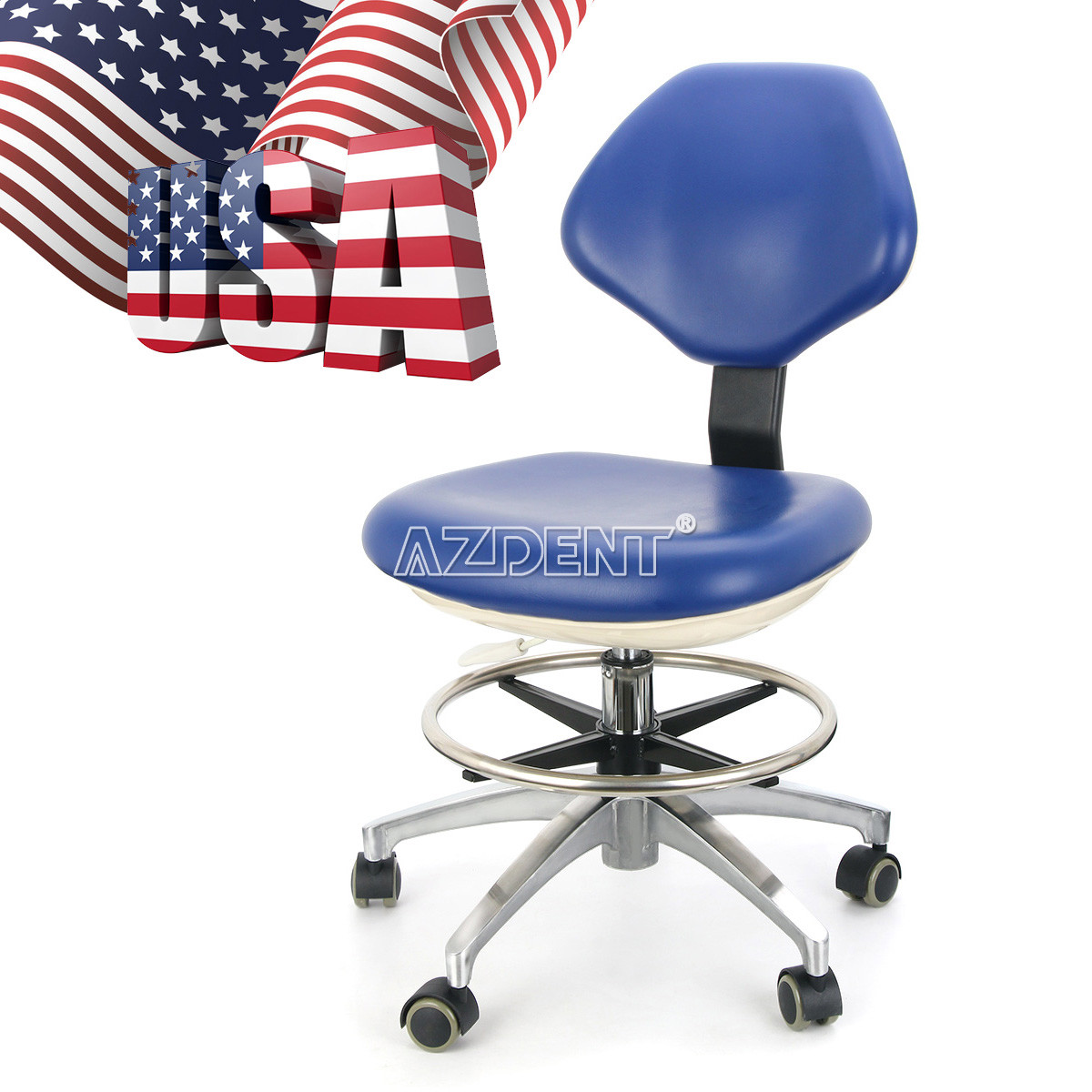 Dental PU Leather Adjustable Stool Doctor Chair Hydraulic Rolling Stool Blue UPS