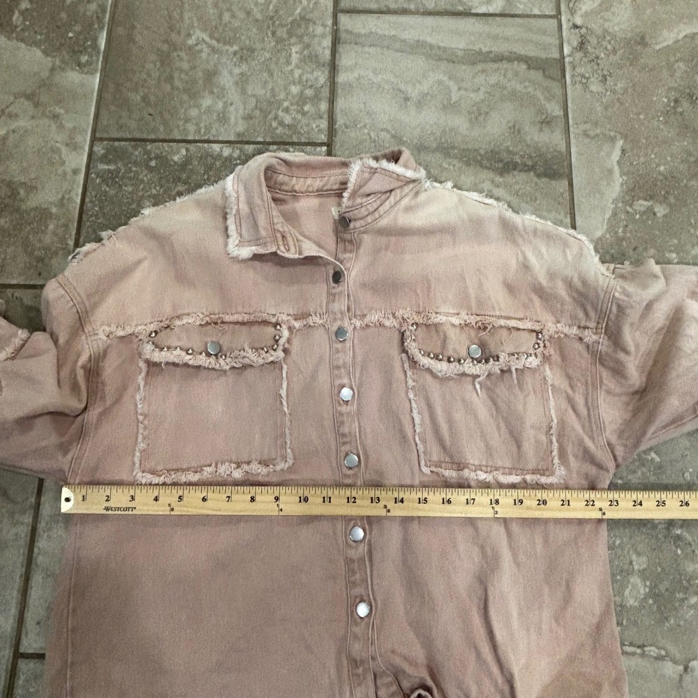 POL Pink Distressed Denim Shacket Studded Raw Hem Oversized Jacket Small