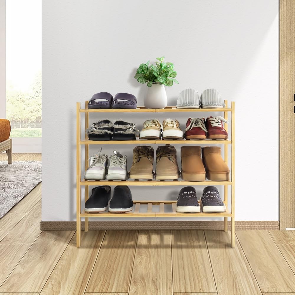 Bamboo Shoe Rack 4 Tier Stackable Storage Organizer Natural Wood