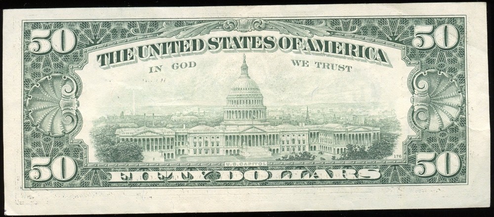 1990 $50 Bill Partial Ink Transfer Error Wet Ink Note Back to Front