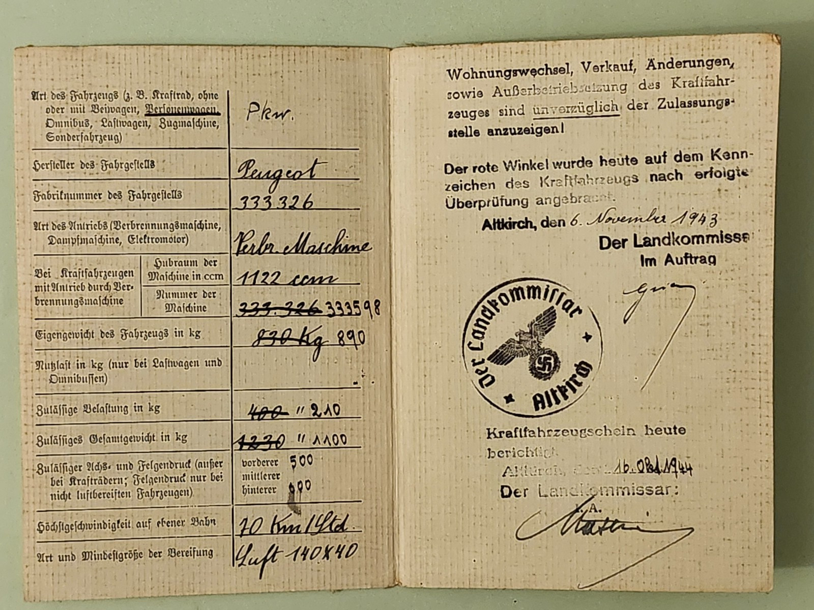 WW2 Germany. Kraftfahrzeugschein 1941