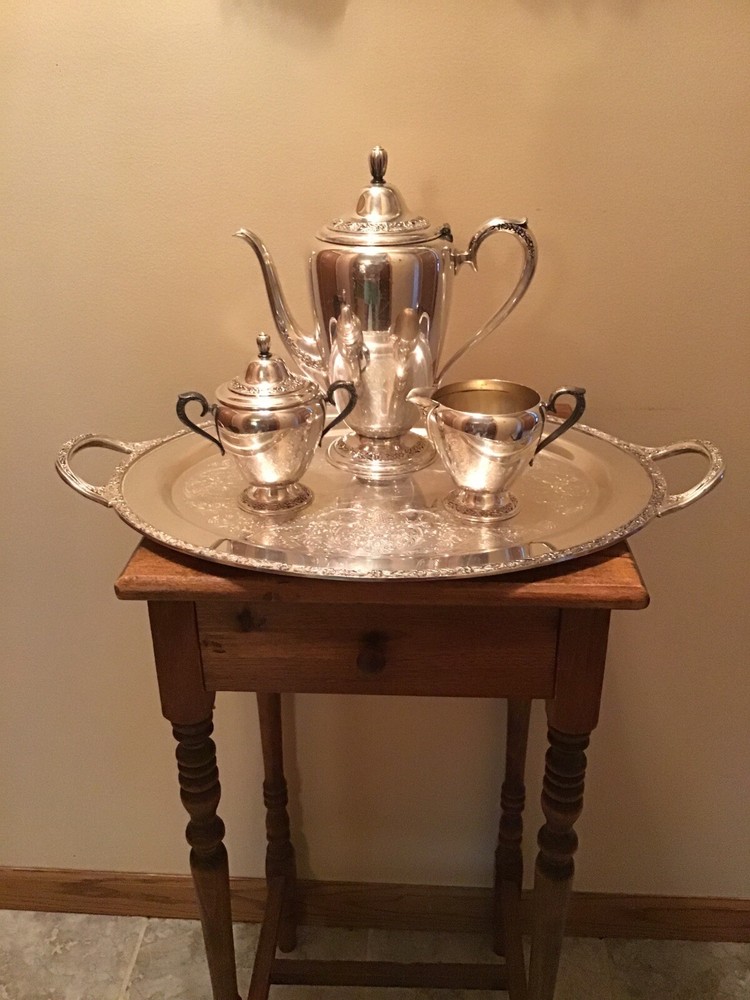 Antique Wm Rogers Primrose Silverplate Teaset With Large Handled Tray