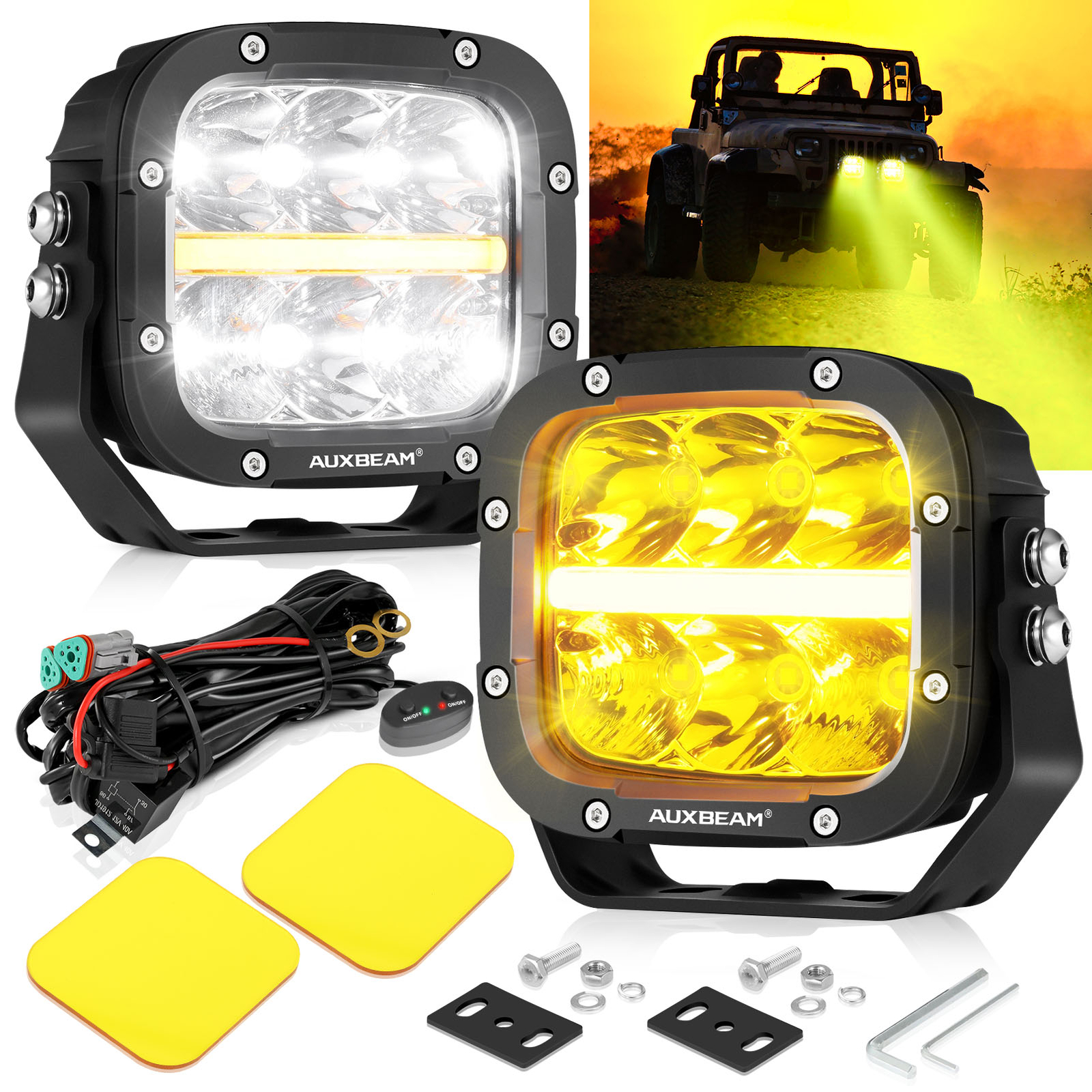 AUXBEAM 5" 132W 15600LM LED Driving Lights Pods Off Road Amber DRL+Black Covers