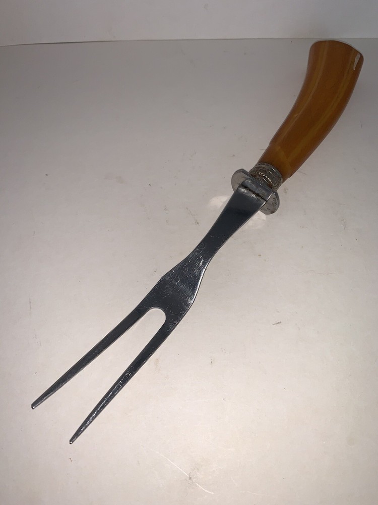 Vintage Meat Serving Fork Bakelite Butterscotch Handle