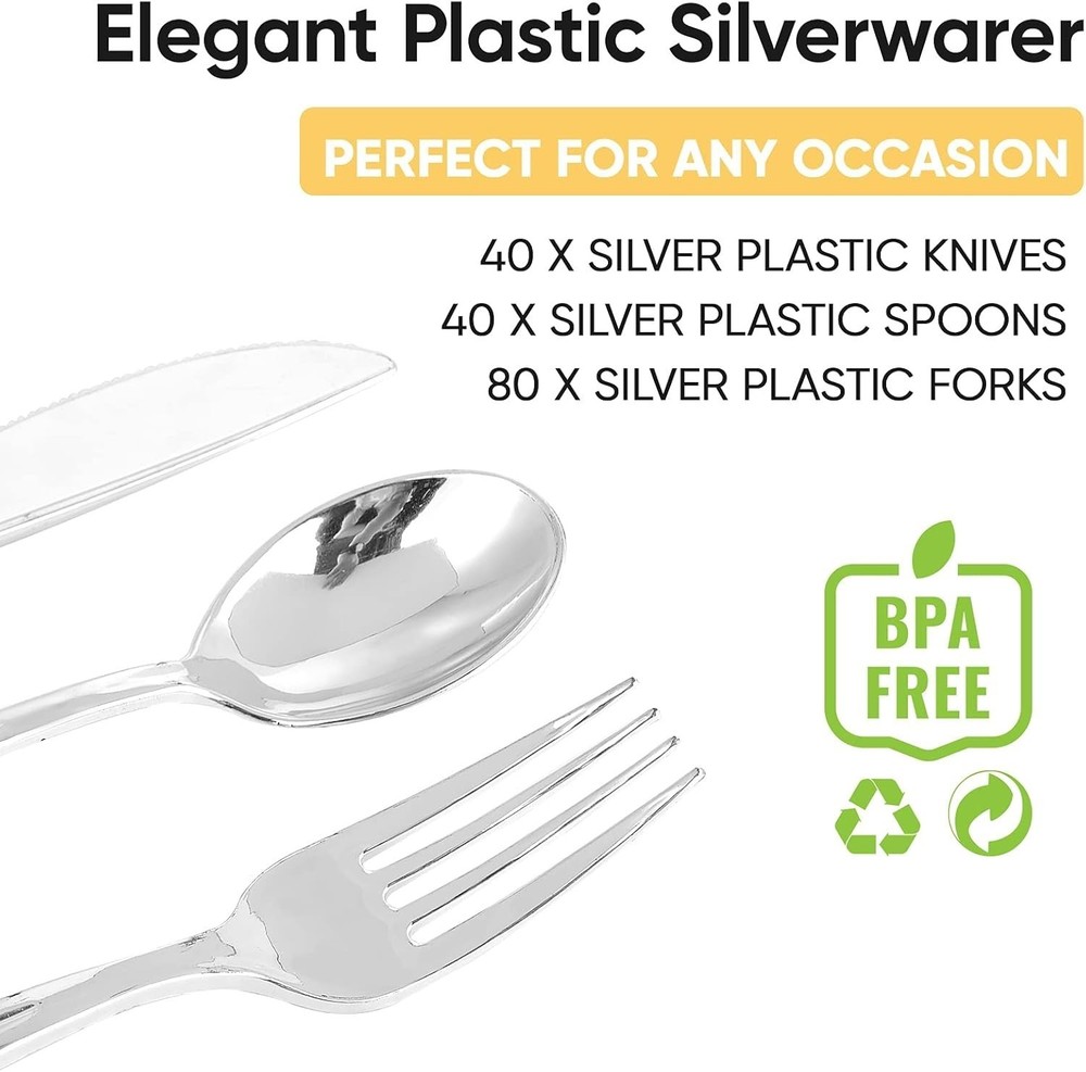 160 Pack Silver Plastic Silverware Set Plastic Flatware Set- 80 Silver Forks