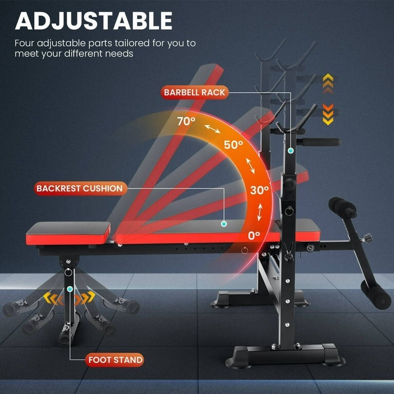 Adjustable Weight Bench with Squat Barbell Rack Removable Foot Bracket Exercise