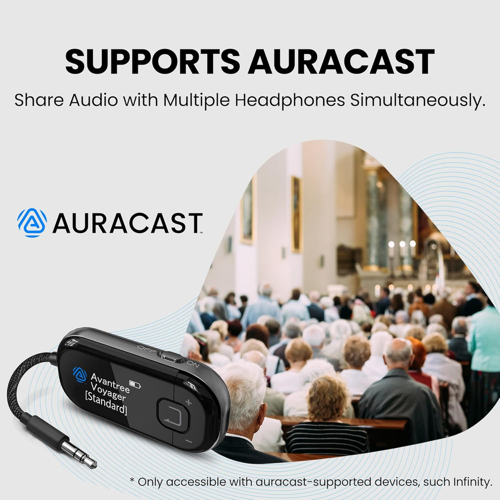 Avantree Voyager – OLED Display & Latest Auracast Bluetooth 5.4 Adapter for Airp