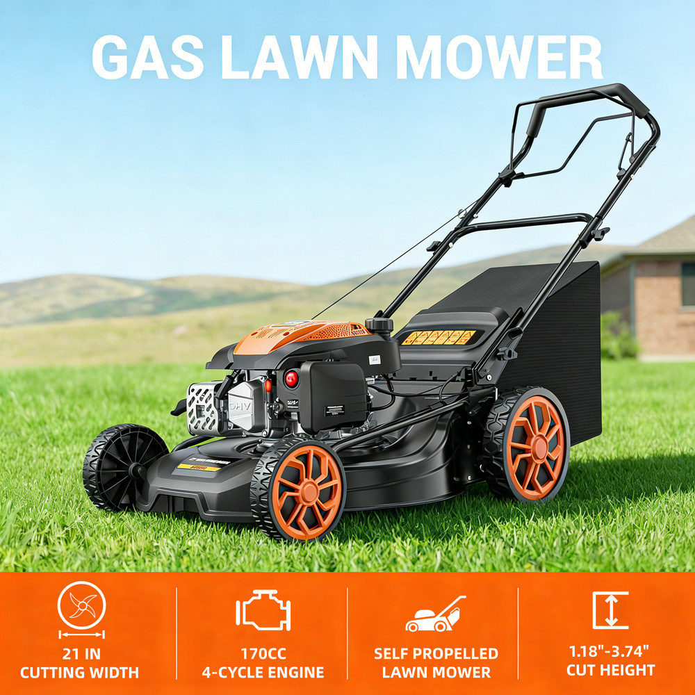 Efurden 21” Self-Propelled Lawn Mower Gas Powered with Bagger 170cc Engine