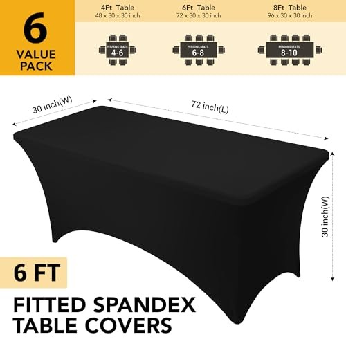 6-Pack Premium Spandex Tablecloths for 6ft Rectangle 6 FT | 6 Pack Black